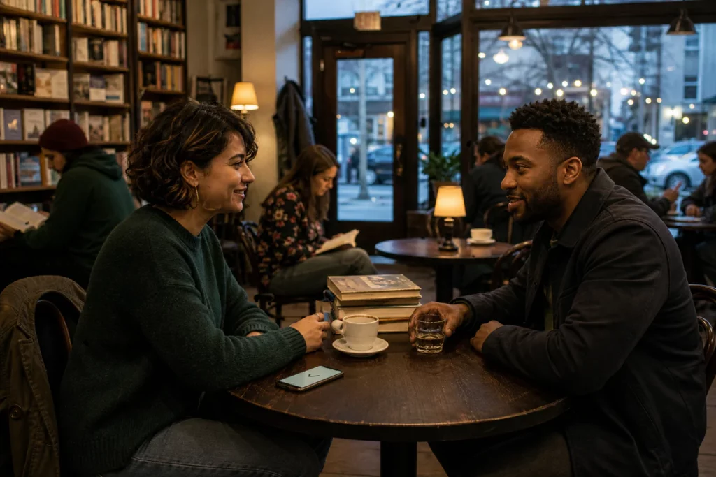 Two people beginning a low-pressure first meeting in a busy public bookstore cafe.