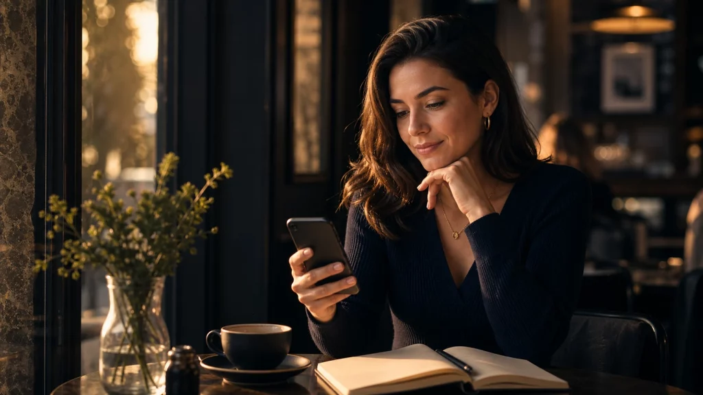 A woman calmly reviews a dating match on her phone in a warm cafe before deciding how to vet them before a first date.