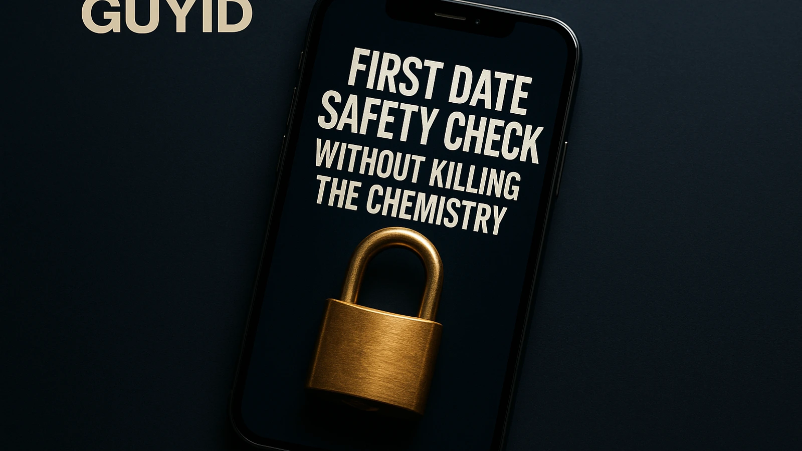 Magazine-cover trust-before-date photography for First Date Safety Check Without Killing the Chemistry Guide, designed as a premium GuyID visual explaining First Date Safety Check Without Killing the Chemistry.