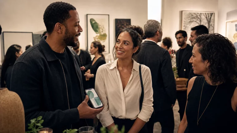 Two people meeting through a mutual friend at a community event while one shares a portable trust profile.