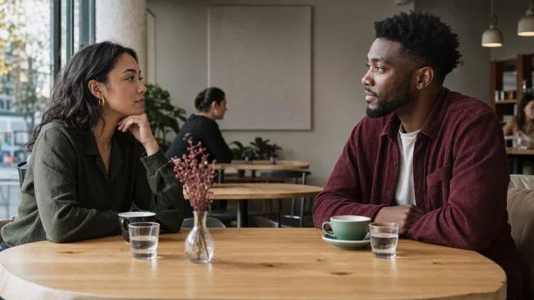 Two adults having a thoughtful conversation across a cafe table about their undefined relationship.