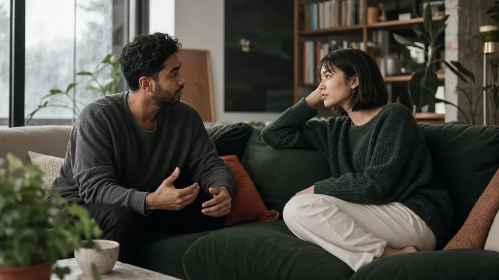 A couple staying present during a quiet conversation about closeness and personal space.