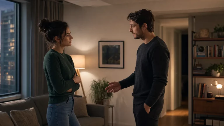 A couple pausing during an uncertain conversation about closeness in their relationship.
