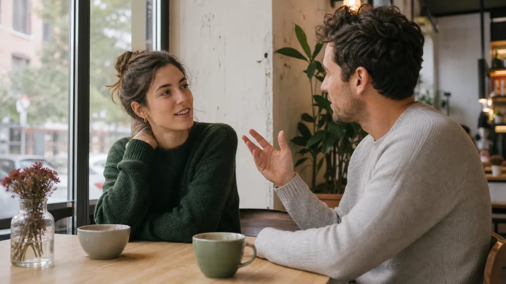 A couple listening and speaking openly during a relaxed conversation at a cafe.