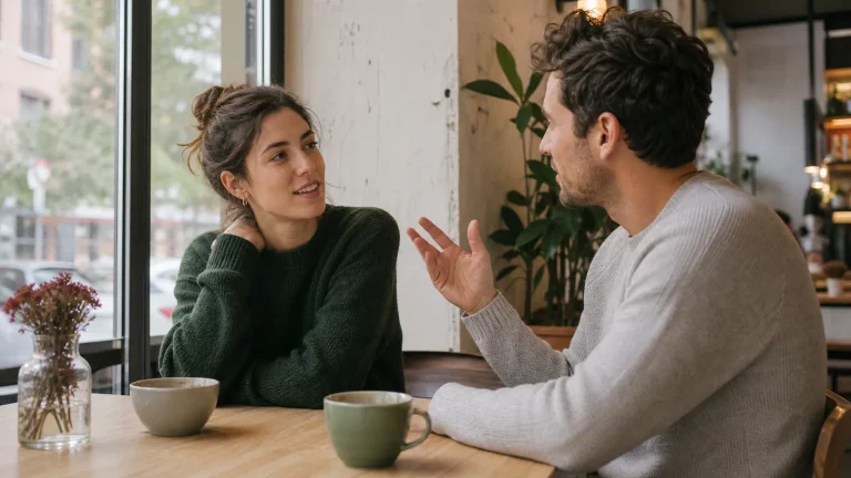 A couple listening and speaking openly during a relaxed conversation at a cafe.