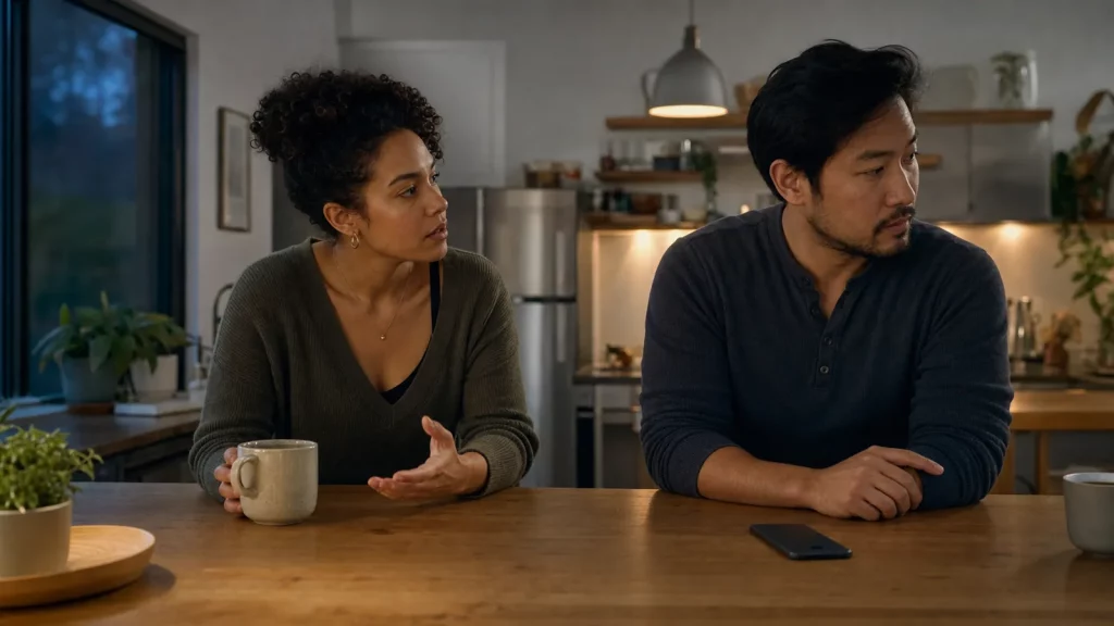 One partner attempts a meaningful conversation while the other looks away at a kitchen counter.