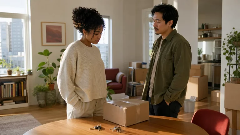 A couple considers moving boxes and two sets of keys during a serious conversation.