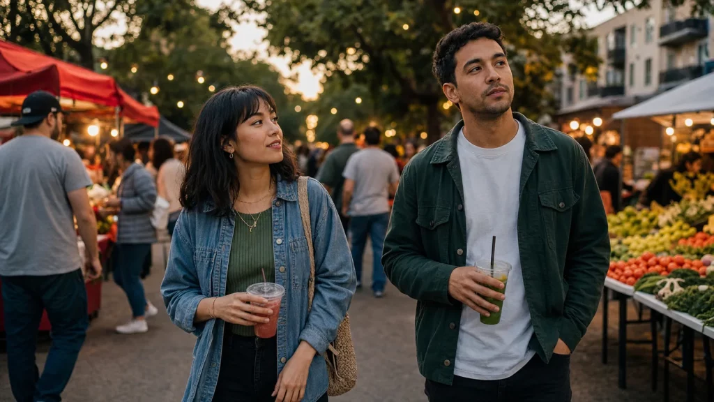 Two people walk through an evening market during an early date.