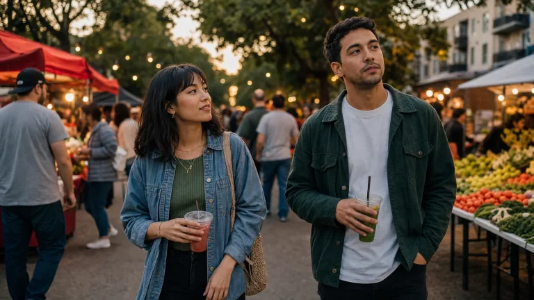Two people walk through an evening market during an early date.