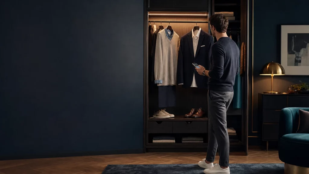 Person comparing smart-casual and dinner-ready clothes beside an open wardrobe before a first date.