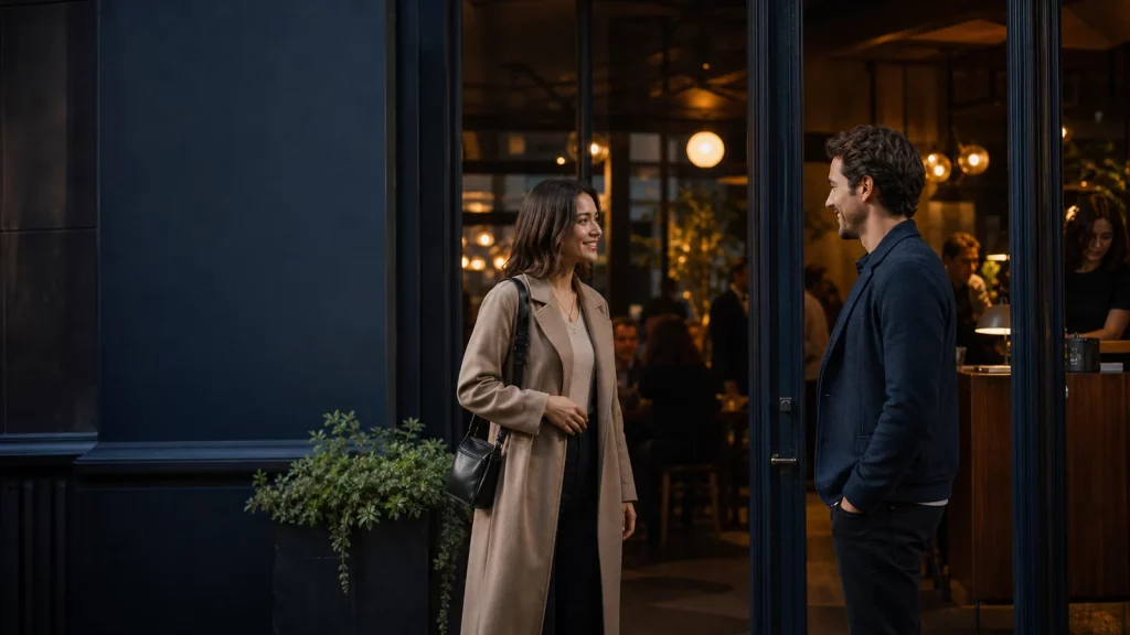 Two adults greeting each other with comfortable personal space at the entrance of a public café.