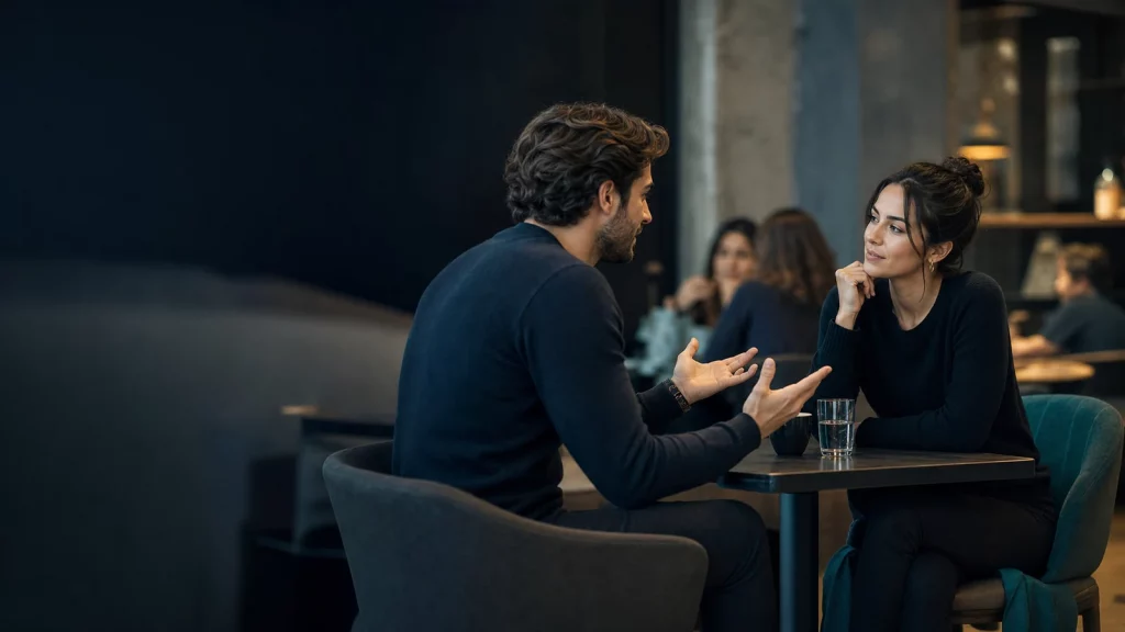 Two adults in conversation at a café, with open gestures and attentive but nuanced posture.