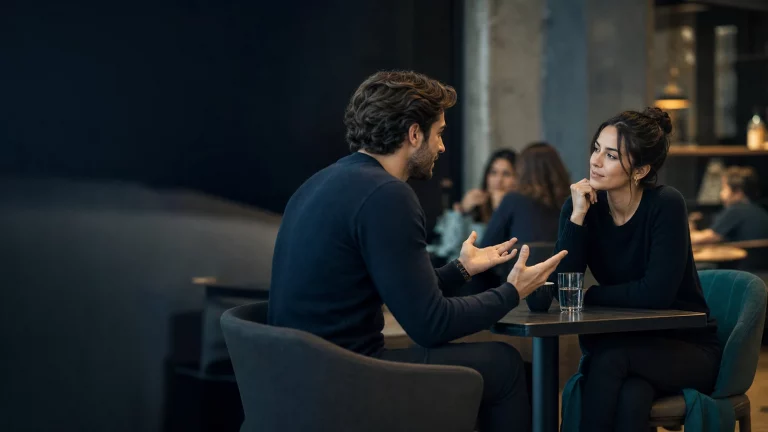 Two adults in conversation at a café, with open gestures and attentive but nuanced posture.