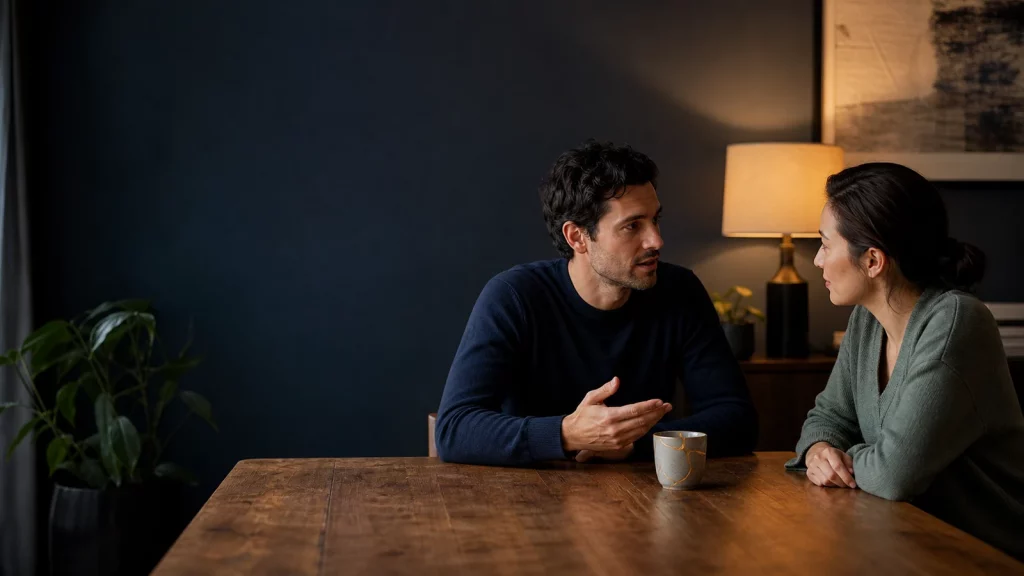 Partners having a calm repair conversation at a table beside a ceramic cup with gold seams.