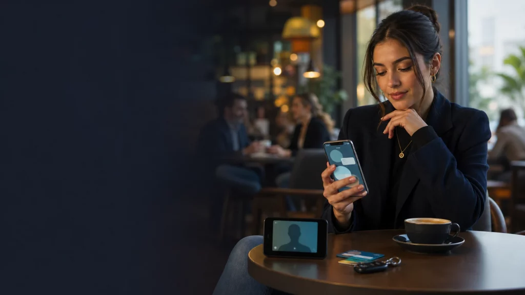 Person checking a dating profile and video call at a public café with transit card and keys ready.