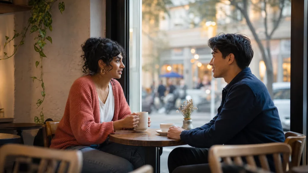 Two adults sharing an easy conversation at a bright public neighborhood café on a first date.