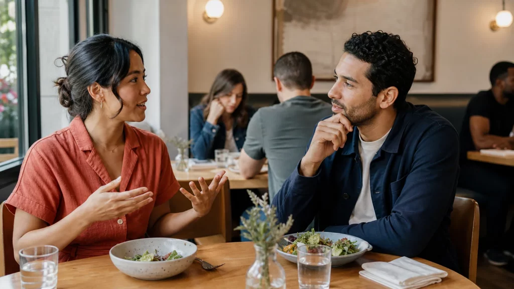 Two adults taking equal turns speaking and listening during a first-date conversation in a public bistro.