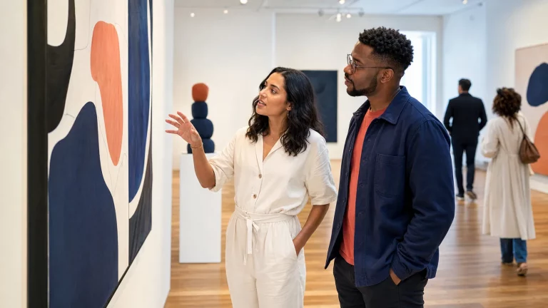 Two adults discussing an abstract artwork together during a relaxed second date in a public gallery.