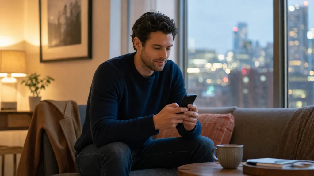 Adult composing a clear follow-up text at home after returning from a first date.