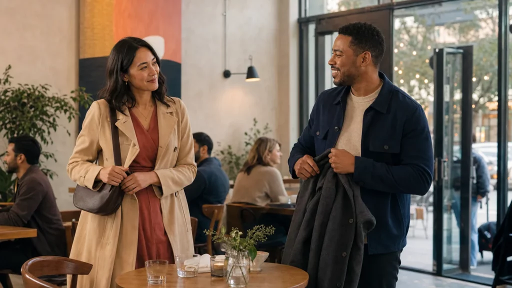 Two adults sharing a comfortable goodbye as they prepare to leave a public café after a first date.