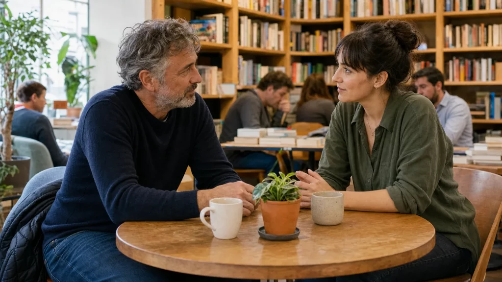Two adult partners with a visible age difference sharing an equal, attentive conversation in a public bookstore café.