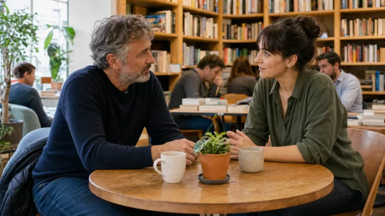 Two adult partners with a visible age difference sharing an equal, attentive conversation in a public bookstore café.