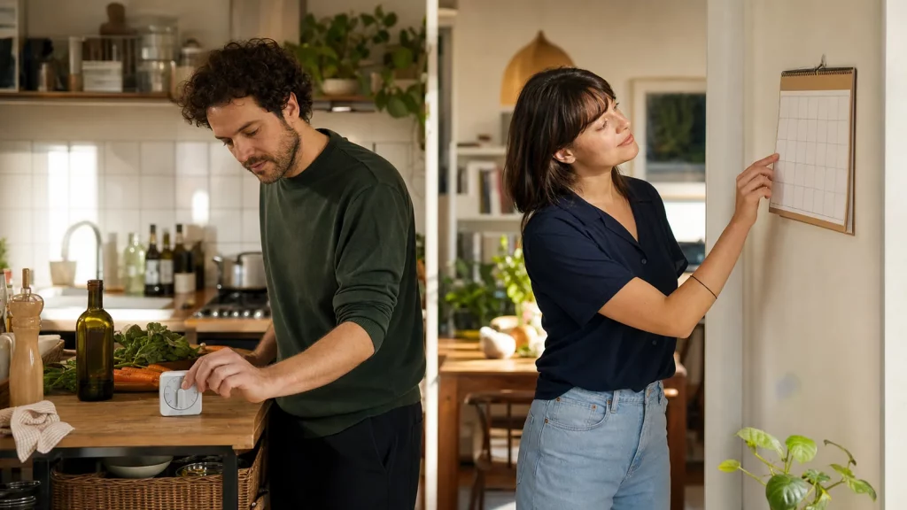 Two adult partners coordinating a shared home routine with a timer and simple wall calendar.