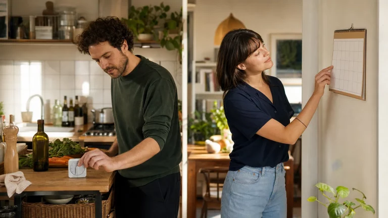 Two adult partners coordinating a shared home routine with a timer and simple wall calendar.