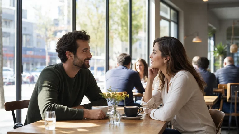 Two adults having a calm, reciprocal conversation during a low-pressure public café date.