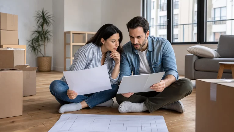 Two adult partners reviewing moving plans together in a bright apartment with sealed boxes.