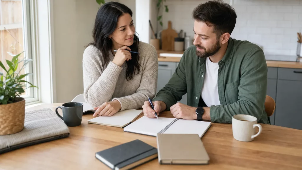 Two adult partners reviewing relationship milestones together at a bright kitchen table with equal input.