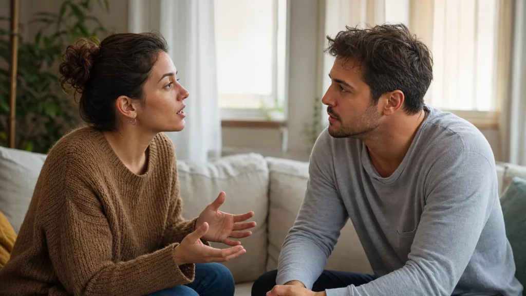 Two adult partners sharing a calm, emotionally honest conversation in a quiet living room.