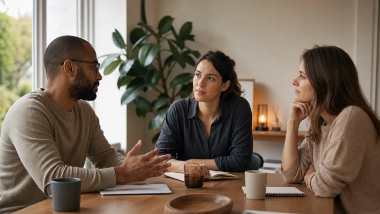 Three adults holding an equal, attentive relationship-agreement conversation around a warm dining table.
