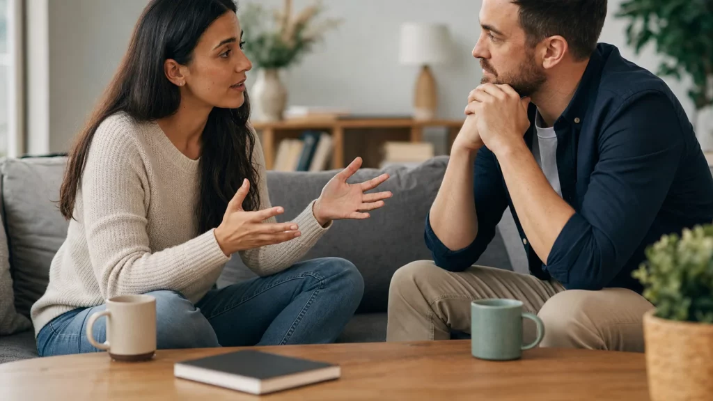 Two adult partners having a close, attentive conversation with one person sharing and the other listening.
