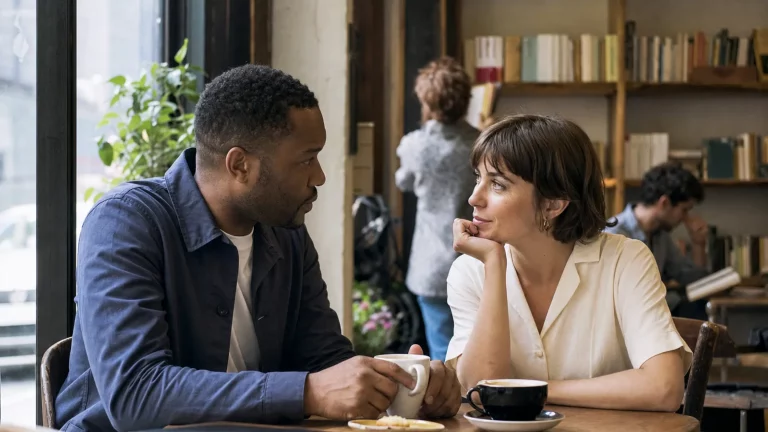 Two adults enjoying a focused conversation during a quiet daytime bookstore café date.