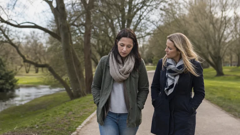 An adult recovering from a dating disappointment with a quiet walk and support from a trusted friend.