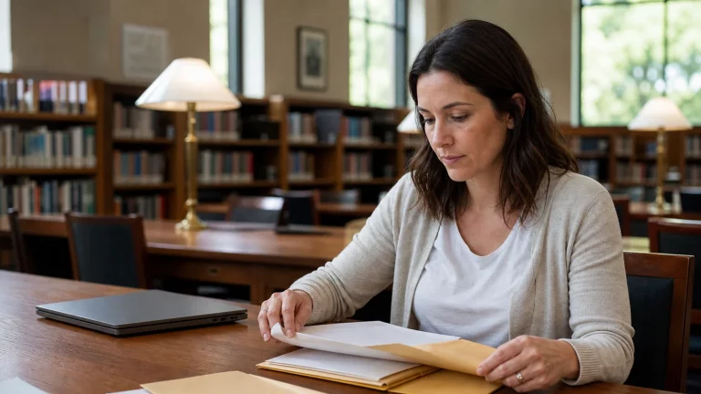 An adult privately organizing financial records and essential documents at a secure library desk.