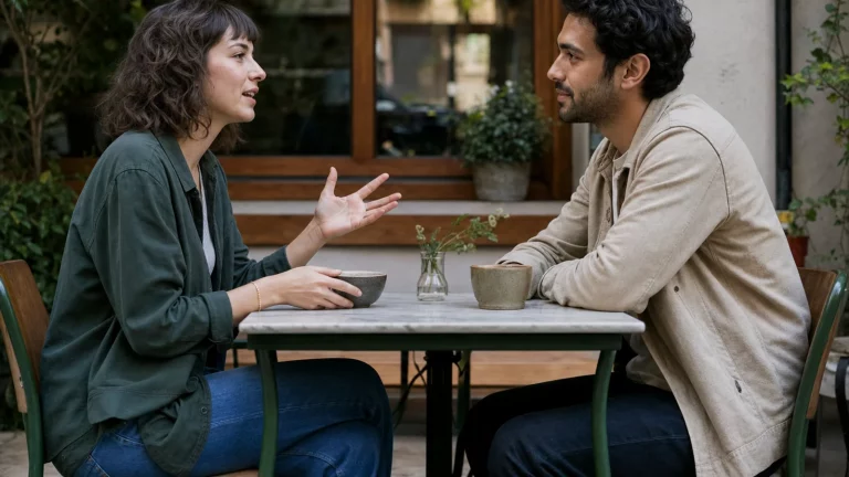 Two adults having a calm consent check-in with comfortable space during a quiet date.