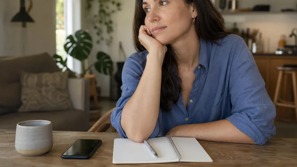 An adult reflecting thoughtfully after a date instead of reacting to a social-media dating checklist.