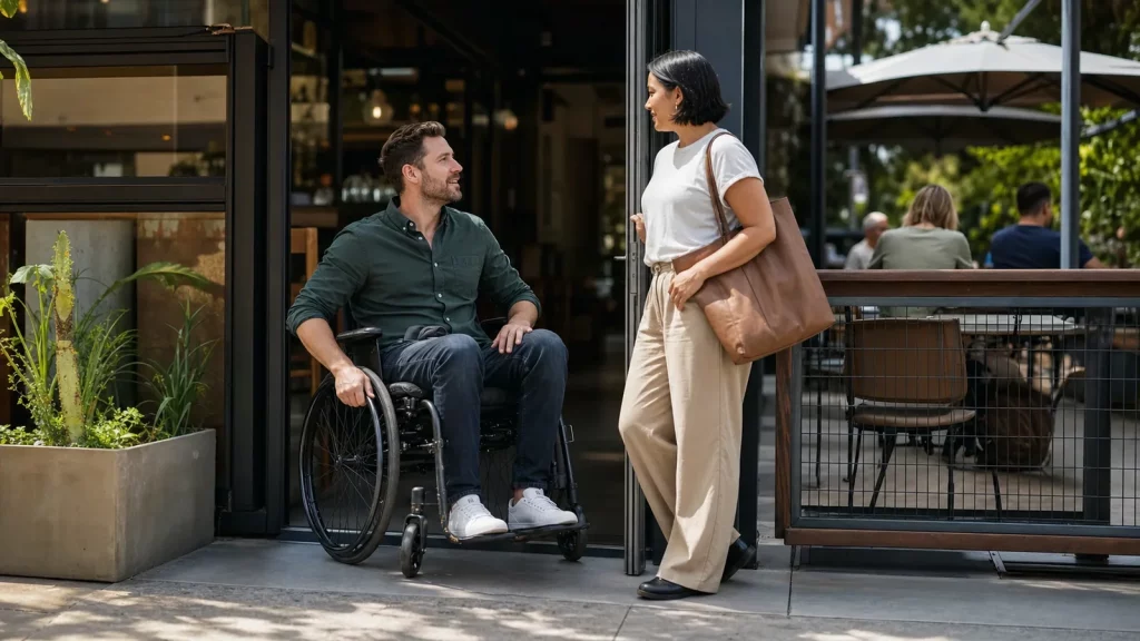 A wheelchair user and another adult talking outside an accessible neighborhood café.