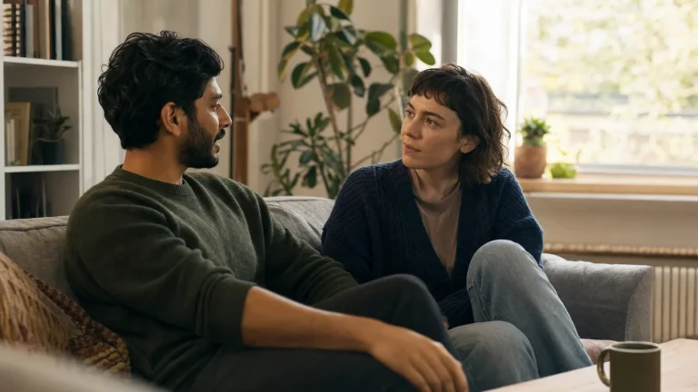 Two adult partners sharing a quiet, supportive conversation at home without pressure to perform.