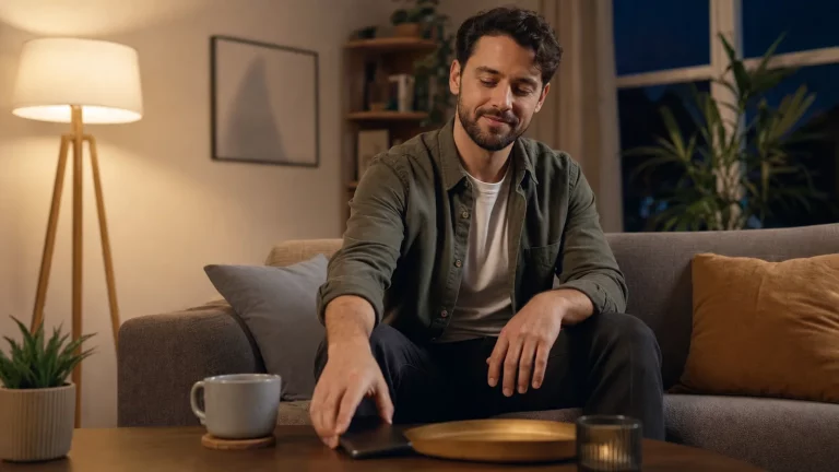 An adult sending a brief, respectful decline to a date invitation from a calm living room.