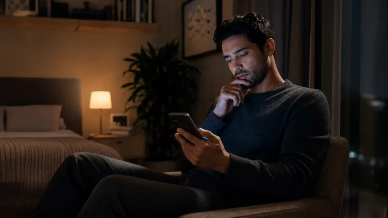 An adult reviewing privacy controls on a phone in a private home setting.
