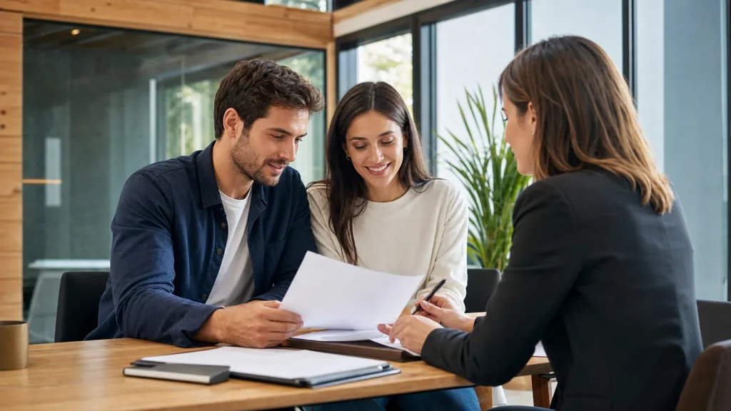 An engaged adult couple beginning a calm premarital planning conversation with an advisor.