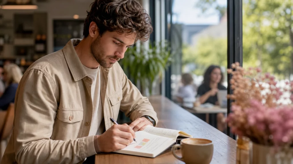 An adult reflecting on a recent date with a notebook in a quiet café.