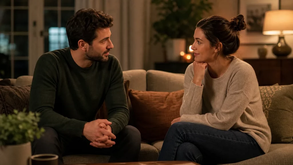 Two adult partners having a warm, pressure-free conversation about intimacy at home.