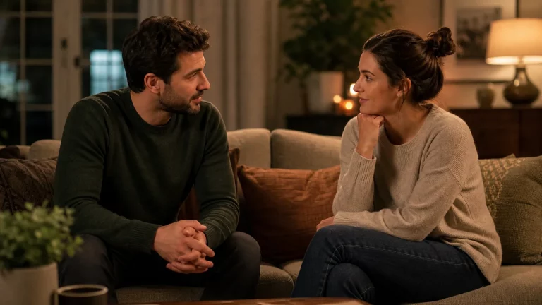 Two adult partners having a warm, pressure-free conversation about intimacy at home.