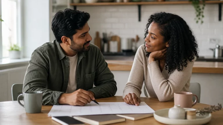 Two adult partners calmly planning a lower-stimulation date together at a kitchen table.