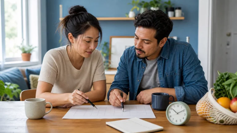 Two adult partners reviewing a balanced weekly routine together at a dining table.