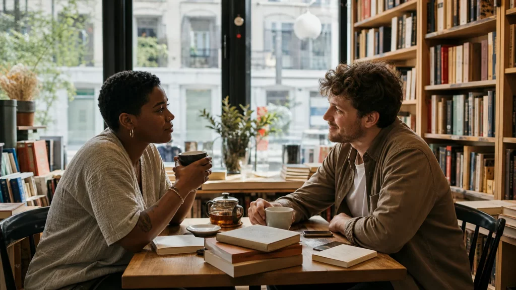 Two adults gradually connecting through an attentive conversation in a bookstore café.